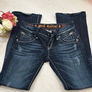 Rock Revival Blue Boot Cut Jeans with Decorative Stitching